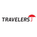 Travellers logo, black lettering, red umbrella